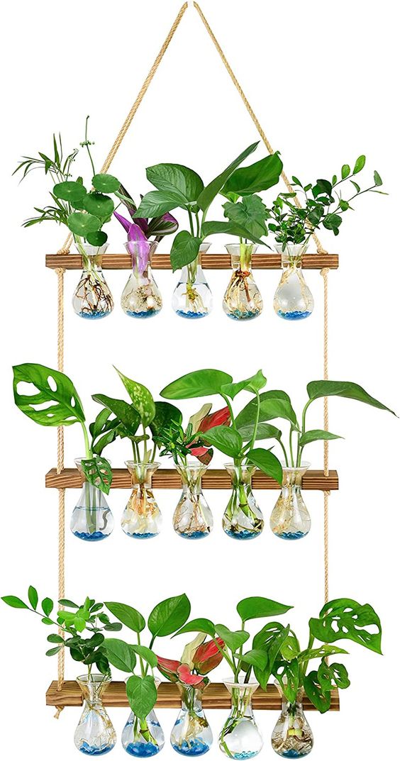 Wall Hanging Propagation Station With Wooden Stand 3 Bulb Vase 5 Tiered Planters